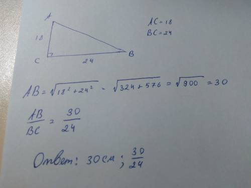 Нарисуй прямоугольный треугольник abc так, чтобы ∢c =90°, ac=18 см и bc=24 см. вычисли ab= см и напи