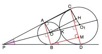 Две окружности радиусов 12 и 20 внешне касаются в точке к. обе окружности касаются одной прямой в то