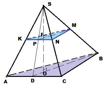 Пирамида пересечена плоскостью, параллельной основанию, которая делит высоту пирамиды в отношении 3: