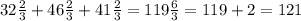 32\frac{2}{3}+46\frac{2}{3}+41\frac{2}{3}=119\frac{6}{3}=119+2=121