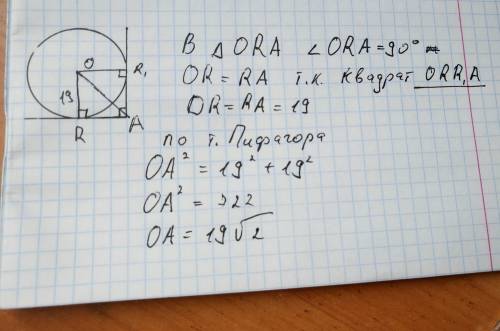 Стороны угла а касаются окружности с центром о радиуса r. определите расстояние оа , если угол а =90
