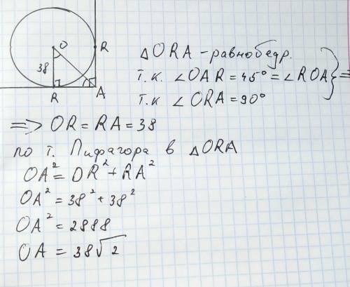 Стороны угла a касаются окружности с центром o радиуса r. определи расстояние oa, если∡a=90° и r=38