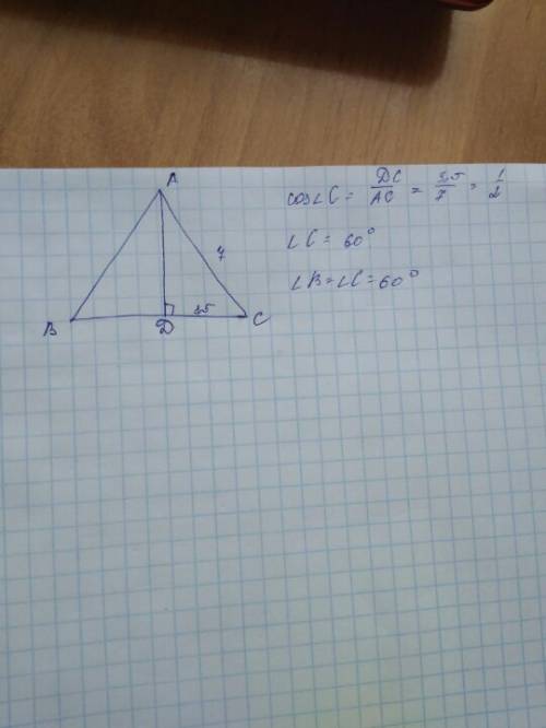 Вравнобедренном треугольнике abc с основанием вс проведена высота ad. найдите величины углов в и с,