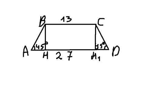 Вравнобедренной трапеции abcd углы пренадлежащие стороне ad равны 45°. найдите s abcd если основание