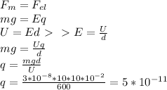 F_{m} = F_{el} \\ &#10;mg = Eq \\ &#10;U = Ed \ \textgreater \ \ \textgreater \ E = \frac{U}{d} \\ &#10;mg = \frac{Uq}{d} \\ &#10;q = \frac{mgd}{U} \\ &#10;q = \frac{3*10^{-8}*10*10*10^{-2}}{600} = 5*10^{-11}&#10;