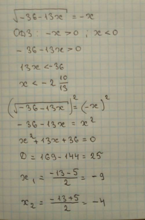 Корень(−36 − 13x) = −x останутся ли минусы?