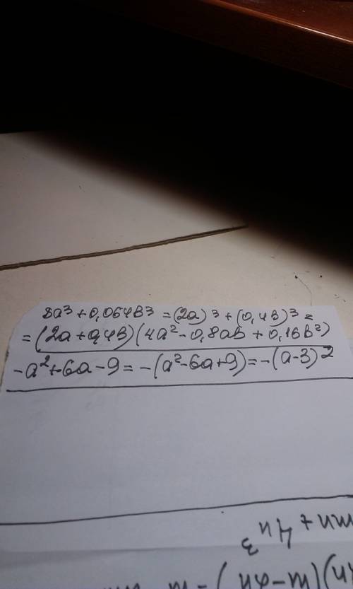 Разложите на множители 1)8a³+0.064b³ 2)-a²+6a-9