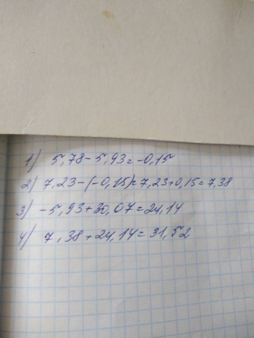 Решить 7,23-(5,78-5,93)+(-5,93+30,07)=