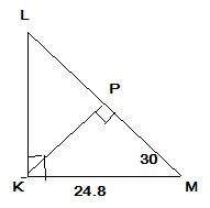 Втреугольнике klm известно,что км=24.8 дм, угол м=30 градусов, угол к=90 градусов. найдите расстояни