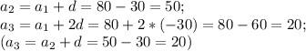 a_2=a_1+d=80-30=50; \\ &#10;a_3=a_1+2d=80+2*(-30)=80-60=20; \\ &#10;(a_3=a_2+d=50-30=20)