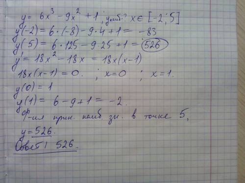 Найдите наибольшее значение функции y=6x^3-9x^2+1 на отрезке -2 ; 5 в квадратных скобках