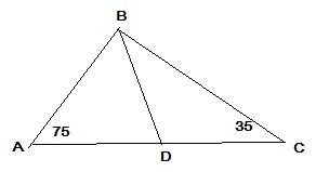3. в ∆abc проведена биссектриса bd , ∠a = 75° , ∠c = 35° . a) докажите, что ∆bdc равнобедренный. b)