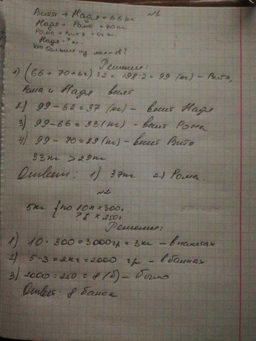 1.витя и надя вместе весят 66 кг. надя и рома 70кг, а рома и витя 62 кг 1)сколько весит надя? 2)кто