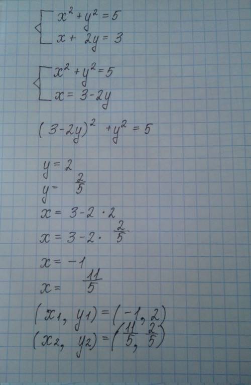 Решите систему систему уравнений { x²+y²=5 x+2y=3.