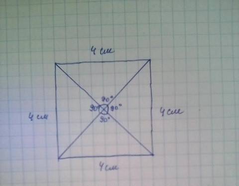 Начерти в тетради квадрат с длиной стороны 4см.проведи его диагонали.выскажи предлржение о том под к