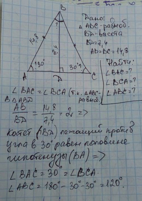 Вравнобедренном треугольнике abc проведена высота bd к основанию ac. длина высоты — 7,4 см, длина бо