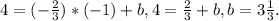 4=(- \frac{2}{3} )*(-1)+b, 4= \frac{2}{3} +b, b=3 \frac{1}{3} .