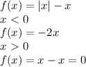 f(x)=|x|-x \\ &#10; x\ \textless \ 0\\ &#10; f(x)=-2x\\ &#10; x\ \textgreater \ 0\\ &#10; f(x)=x-x=0