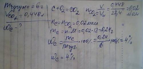 При сжигании 6г чугуна в кислороде выделилось 448мл (н.у) оксида углерода (4). вычислите массовую до