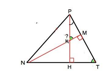 Высоты остроугольного треугольника npt, проведенные из вершин n и p, пересекаются в точке k, угол t=