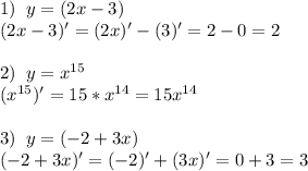 1)\;\; y=(2x-3) \\ &#10;(2x-3)'=(2x)'-(3)'=2-0=2 \\ \\ &#10;2)\;\; y=x^{15} \\ &#10;(x^{15})'=15*x^{14}=15x^{14} \\ \\ &#10;3)\;\; y=(-2+3x) \\ &#10;(-2+3x)'=(-2)'+(3x)'=0+3=3