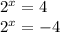 2 {}^{x} = 4 \\ 2 { }^{x} = - 4