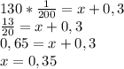 130* \frac{1}{200}=x+0,3\\&#10; \frac{13}{20}=x+0,3\\&#10;0,65=x+0,3\\&#10;x=0,35 &#10; &#10;