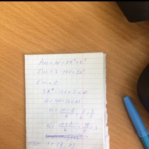 Решить неравенство f’(x)< 0 если f(x)=3x-5x^2+x^3