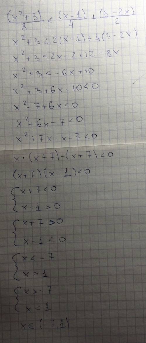 Решить неравенство (x^2+3)/8 < (x-1)/4+(3-2x)/2