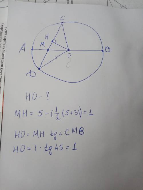 Хорда cd окружности пересекает её диаметр ab в точке m. известно, что cm=5 см, md=3 см, угол cmb=45