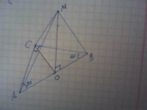 Треугольник abc - прямоугольный (угол c=90 градусов), угол a=30 градусов, ab=12. точка m удалена на