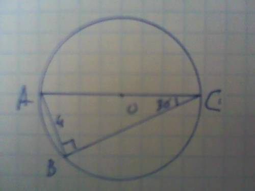 Кут між діаметром кола ас і хордою св дорівнює 30 градусів. знайдіть радіус кола якщо ав= 4 см.