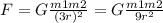F =G \frac{m1m2}{ (3r)^{2} } = G \frac{m1m2}{ 9r^{2} }