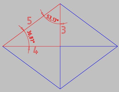 30 ! заданы диагонали ромба d1=6 и d2=8. найти сторону ромба и углы ромба (в градусах). для проверки