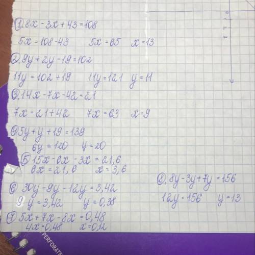 Решите уравнения: 1. 8х-3х+43=108 2.9у+2у-19=102 3.14х-7х-42=21 4.5у+у+19=139 5.15х-6х-3х=21,6 6.30у