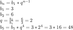 b_n=b_1*q^{n-1}&#10;\\b_1=3&#10;\\b_2=6&#10;\\q= \frac{b_2}{b_1} = \frac{6}{3} =2&#10;\\b_5=b_1*q^4=3*2^4=3*16=48