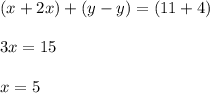 (x+2x)+(y-y) = (11+4) \\ \\ 3x = 15 \\ \\ x = 5