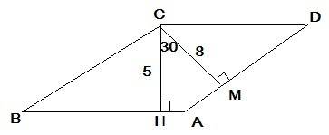 Ch, cm - высоты параллелограмма abcd. ch=5, cm=8, угол hcm=30°. найдите периметр