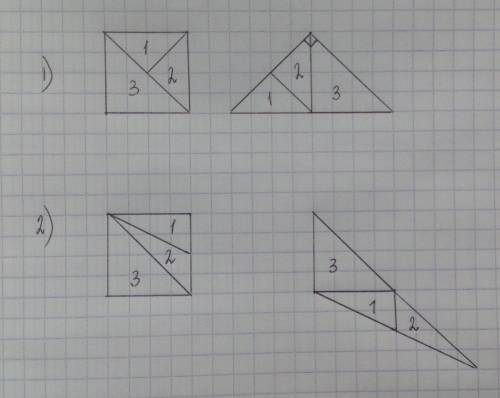 Разрежьте квадрат на три треугольника, чтобы из них можно было сложить: а) прямоугольный треугольник