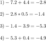 1) -7.2+4.4=-2.8 \\ \\ 2) -2.8*0.5=-1.4 \\ \\ 3)-1.4-3.9=-5.3 \\ \\ 4) -5.3+0.4=-4.9