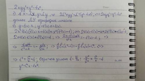 Найти общее решение уравнения 2хyy'=y^2-4x^2