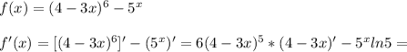 f(x) = (4-3x) ^{6}- 5^{x}\\\\f'(x) = [(4-3x) ^{6}]' - ( 5^{x})'=6(4-3x) ^{5} *(4-3x)'- 5^{x}ln5=