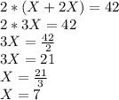 2*(X+2X)=42\\2*3X=42\\3X=\frac{42}{2}\\3X=21\\X=\frac{21}{3} \\X=7