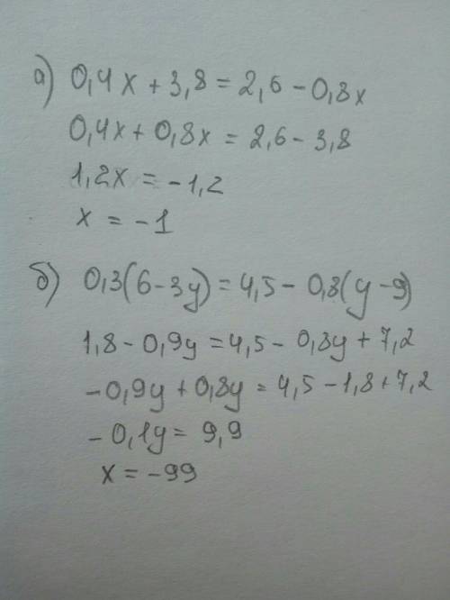 Решить уравнения: а)0,4x+3,8=2,6-0,8x б) 0,3(6-3y)=4,5-0,8(y-9)