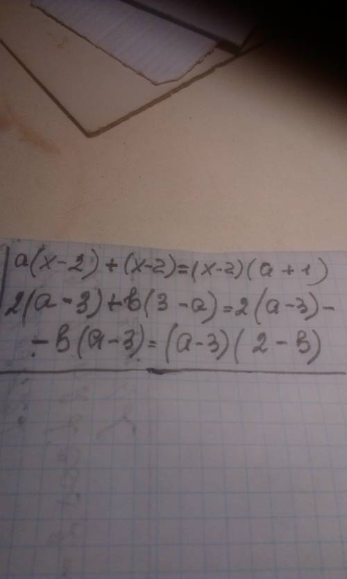 Вынесите за скобки общий множитель 1. a(x-2)+(x-2) 2.2(a-3)+b(3-a)