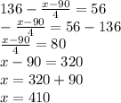 136- \frac{x-90}{4} =56 \\ &#10;- \frac{x-90}{4} =56-136 \\ &#10; \frac{x-90}{4} =80 \\ &#10;x-90=320 \\ &#10;x=320+90 \\ &#10;x=410