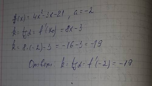 Найдите угловой коэффициент касательной, проведенной к графику функций у= f (x) в точке с ациссой х=