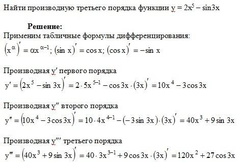 Нати производную третьего порядка функции y=2x^5-sin3x