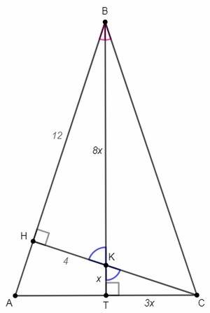 Вравнобедренном треугольнике авс с основанием ас высоты вт и сн пересекаются в точке к, причем вн =1