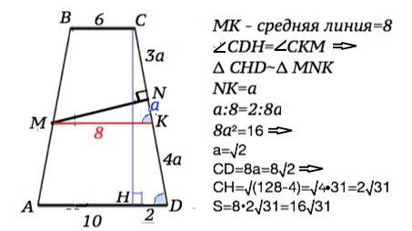 Вравнобедренной трапеции abcd с основаниями ad=10, bc=6 из середины m стороны ab опущен перпендикуля